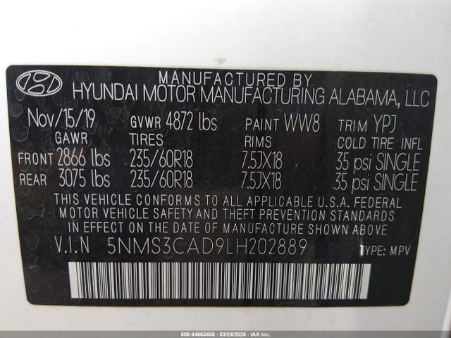 Aukcja sprzedaży 2020 Hyundai Santa Fe Sel, vin: 5NMS3CAD9LH202889, numer aukcji: 44665486