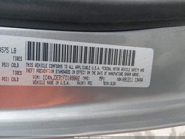 Aukcja sprzedaży 2015 Jeep Compass High Altitude Edition, vin: 1C4NJDEB1FD109802, numer aukcji: 44665503