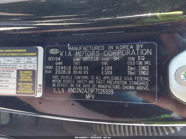 44665511 :رقم المزاد ، KNDJN2A29F7126939 vin ، 2015 Kia Soul مزاد بيع