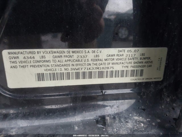 44665532 :رقم المزاد ، 3VWEF71K37M182875 vin ، 2007 Volkswagen Jetta Wolfsburg Edition مزاد بيع