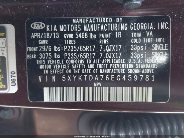 Aukcja sprzedaży 2014 Kia Sorento Lx V6, vin: 5XYKTDA76EG459781, numer aukcji: 44665534