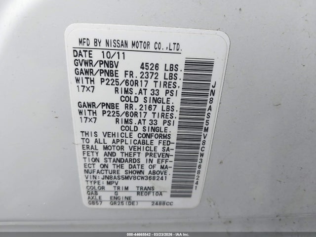 Aukcja sprzedaży 2012 Nissan Rogue Sv, vin: JN8AS5MV8CW368241, numer aukcji: 44665542