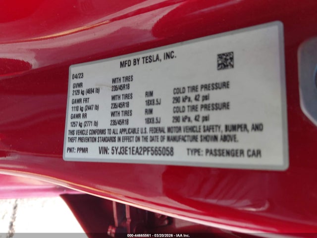 5YJ3E1EA2PF565058 Tesla Model 3 Rear-wheel Drive