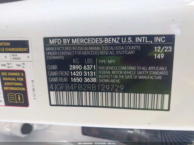 44665566 :رقم المزاد ، 4JGFB4FB2RB129729 vin ، 2024 Mercedes-benz Gle 350 4matic مزاد بيع