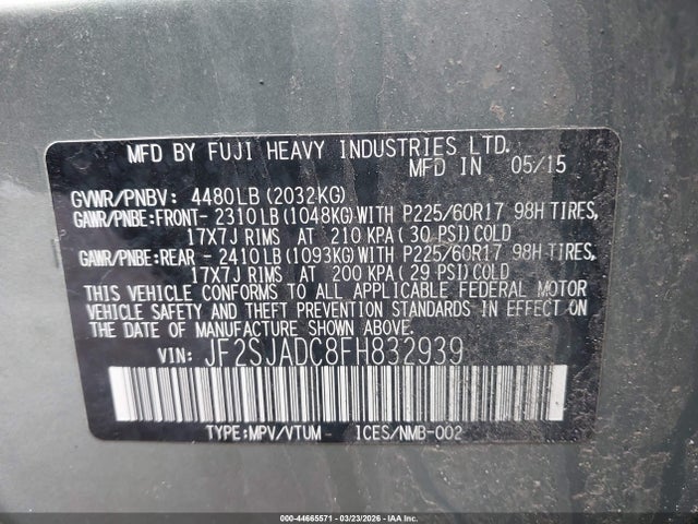 44665571 :رقم المزاد ، JF2SJADC8FH832939 vin ، 2015 Subaru Forester 2.5i Premium مزاد بيع