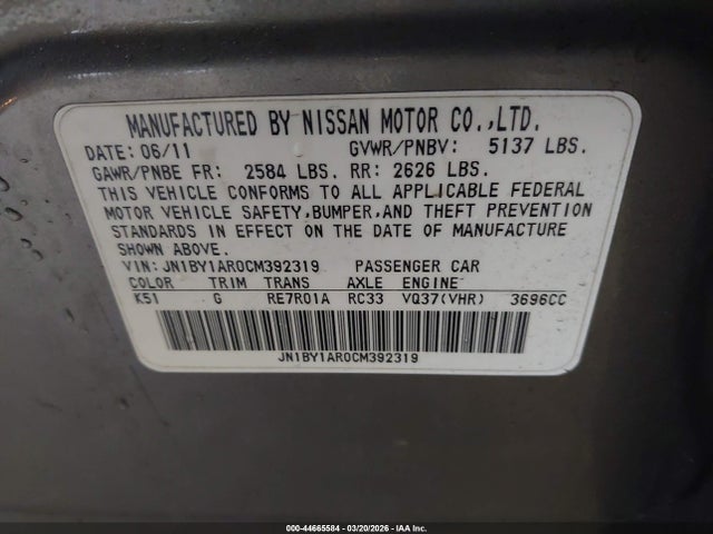 Продажа на аукционе авто 2012 Infiniti M37x, vin: JN1BY1AR0CM392319, номер лота: 44665584
