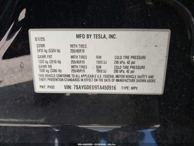 7SAYGDED9TA450916 Tesla Model Y Premium Rear-wheel Drive/standard Rear-wheel Drive