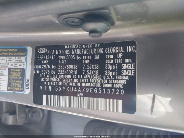 44665602 :رقم المزاد ، 5XYKU4A79EG513720 vin ، 2014 Kia Sorento Ex V6 مزاد بيع