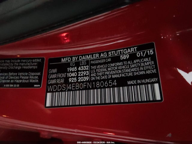 44665608 :رقم المزاد ، WDDSJ4EB0FN180654 vin ، 2015 Mercedes-benz Cla 250 مزاد بيع