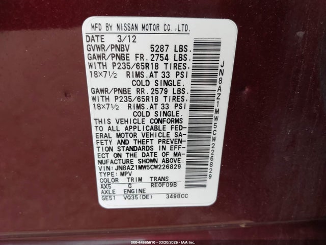 2012 Nissan Murano Sv მანქანა იყიდება აუქციონზე, vin: JN8AZ1MW5CW226829, აუქციონის ნომერი: 44665610