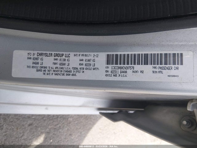 44665612 :رقم المزاد ، 1C3CCBAB0CN207578 vin ، 2012 Chrysler 200 Lx مزاد بيع