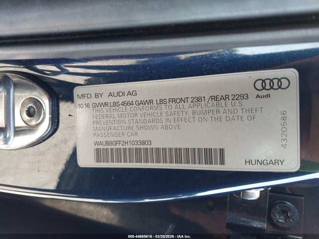 Aukcja sprzedaży 2017 Audi A3 2.0t Premium, vin: WAUB8GFF2H1033803, numer aukcji: 44665616