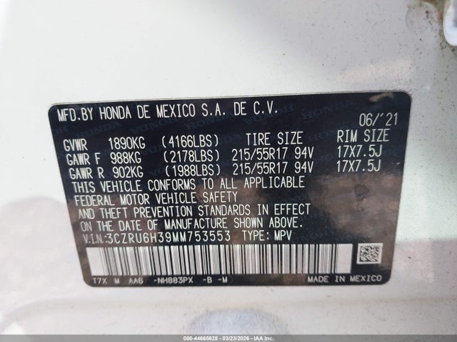 3CZRU6H39MM753553 Honda Hr-v Awd Lx