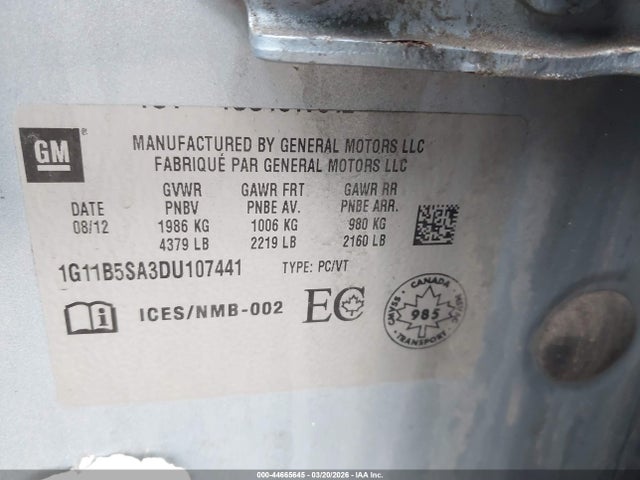 2013 Chevrolet Malibu 1ls მანქანა იყიდება აუქციონზე, vin: 1G11B5SA3DU107441, აუქციონის ნომერი: 44665645
