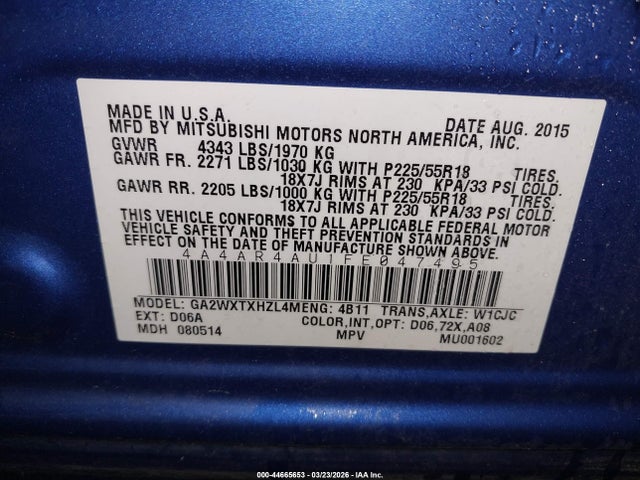 44665653 :رقم المزاد ، 4A4AR4AU1FE047495 vin ، 2015 Mitsubishi Outlander Sport Se مزاد بيع