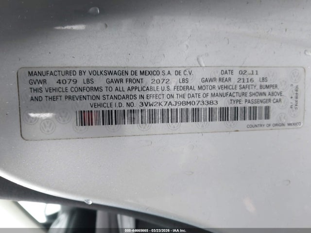 44665665 :رقم المزاد ، 3VW2K7AJ9BM073383 vin ، 2011 Volkswagen Jetta 2.0l S مزاد بيع
