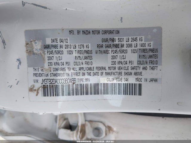 Продажа на аукционе авто 2012 Mazda Cx-9 Grand Touring, vin: JM3TB2DA0C0360466, номер лота: 44665686