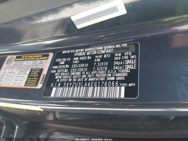 44665731 :رقم المزاد ، 5XYZU3LA4EG176066 vin ، 2014 Hyundai Santa Fe Sport 2.0l Turbo مزاد بيع