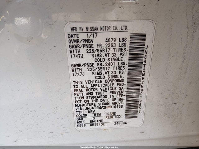 Aukcja sprzedaży 2017 Nissan Rogue Sv, vin: JN8AT2MV2HW019658, numer aukcji: 44665745