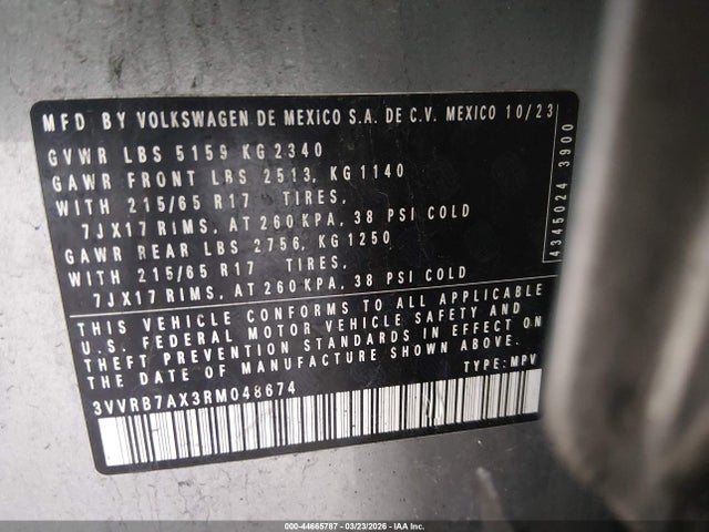 Aukcja sprzedaży 2024 Volkswagen Tiguan 2.0t S, vin: 3VVRB7AX3RM048674, numer aukcji: 44665787