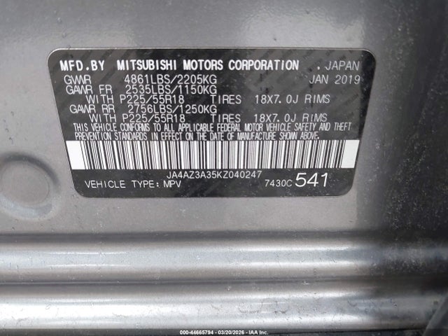 Aukcja sprzedaży 2019 Mitsubishi Outlander Sel, vin: JA4AZ3A35KZ040247, numer aukcji: 44665794