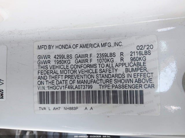 Aukcja sprzedaży 2020 Honda Accord Ex, vin: 1HGCV1F49LA073799, numer aukcji: 44665828