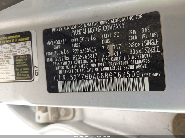 2011 Hyundai Santa Fe Gls მანქანა იყიდება აუქციონზე, vin: 5XYZGDAB8BG069509, აუქციონის ნომერი: 44665836