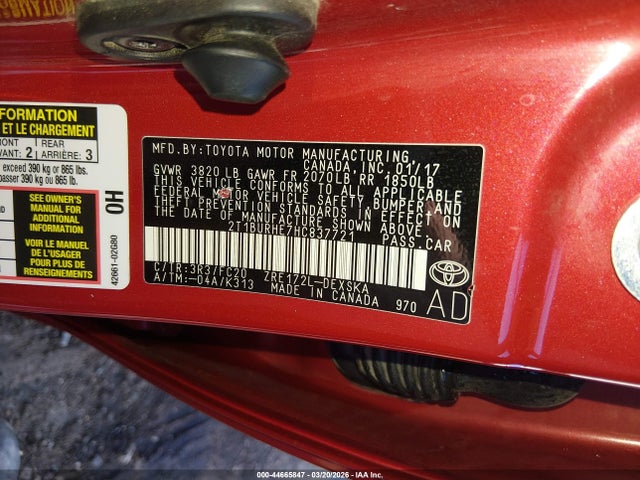 2017 Toyota Corolla Se მანქანა იყიდება აუქციონზე, vin: 2T1BURHE7HC837721, აუქციონის ნომერი: 44665847
