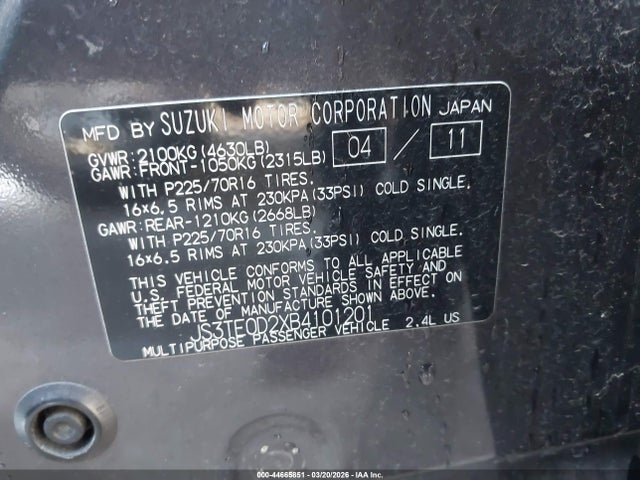 Aukcja sprzedaży 2011 Suzuki Grand Vitara Premium, vin: JS3TE0D2XB4101201, numer aukcji: 44665851
