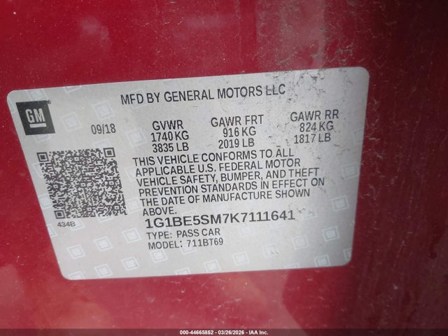 Продаж на аукціоні авто 2019 Chevrolet Cruze Lt, vin: 1G1BE5SM7K7111641, номер лоту: 44665852