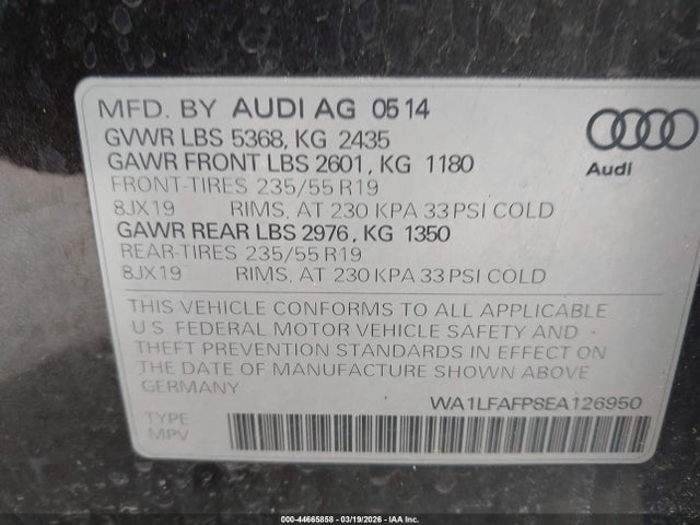 2014 Audi Q5 2.0t Premium მანქანა იყიდება აუქციონზე, vin: WA1LFAFP8EA126950, აუქციონის ნომერი: 44665858