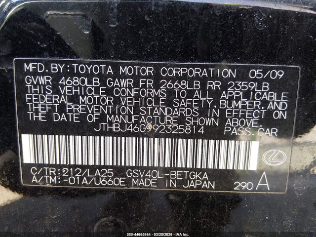 Aukcja sprzedaży 2009 Lexus Es 350, vin: JTHBJ46G992325814, numer aukcji: 44665864
