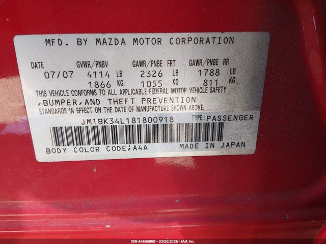 Aukcja sprzedaży 2008 Mazda Mazdaspeed3 Grand Touring, vin: JM1BK34L181800918, numer aukcji: 44665868