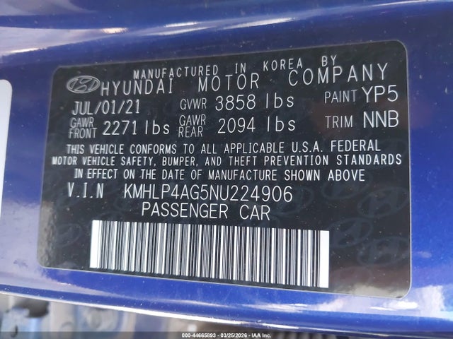 2022 Hyundai Elantra Limited მანქანა იყიდება აუქციონზე, vin: KMHLP4AG5NU224906, აუქციონის ნომერი: 44665893