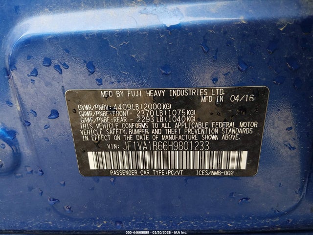 2017 Subaru Wrx მანქანა იყიდება აუქციონზე, vin: JF1VA1B66H9801233, აუქციონის ნომერი: 44665898