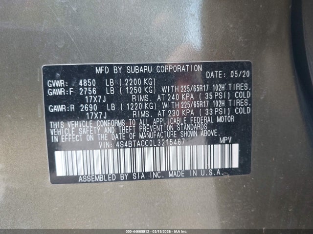 44665912 :رقم المزاد ، 4S4BTACC0L3215467 vin ، 2020 Subaru Outback Premium مزاد بيع