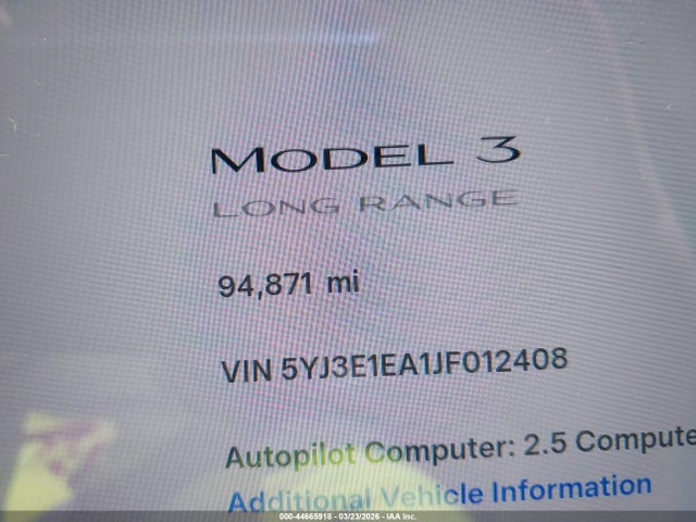 Продажа на аукционе авто 2018 Tesla Model 3 Long Range/mid Range, vin: 5YJ3E1EA1JF012408, номер лота: 44665918
