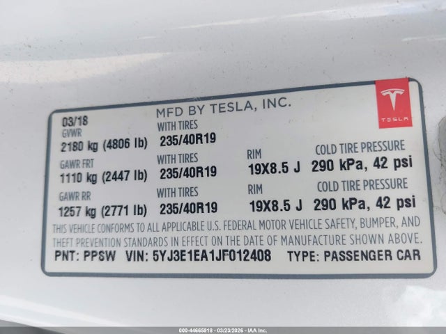 Продажа на аукционе авто 2018 Tesla Model 3 Long Range/mid Range, vin: 5YJ3E1EA1JF012408, номер лота: 44665918