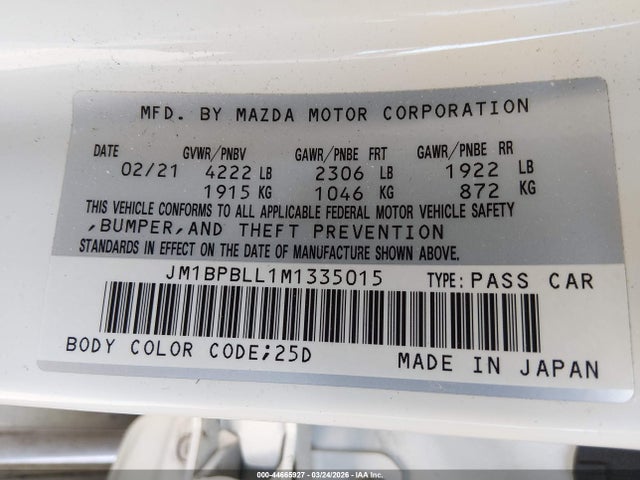 2021 Mazda Mazda3 Preferred მანქანა იყიდება აუქციონზე, vin: JM1BPBLL1M1335015, აუქციონის ნომერი: 44665927