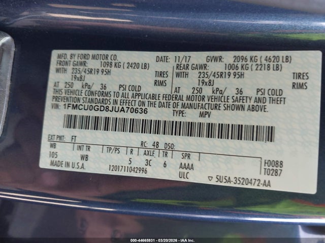 Продаж на аукціоні авто 2018 Ford Escape Se, vin: 1FMCU0GD8JUA70636, номер лоту: 44665931