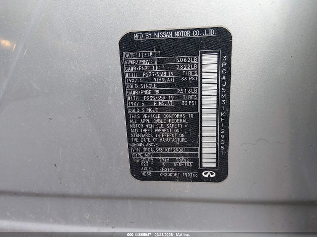 Aukcja sprzedaży 2019 Infiniti Qx50 Luxe, vin: 3PCAJ5M31KF129081, numer aukcji: 44665947