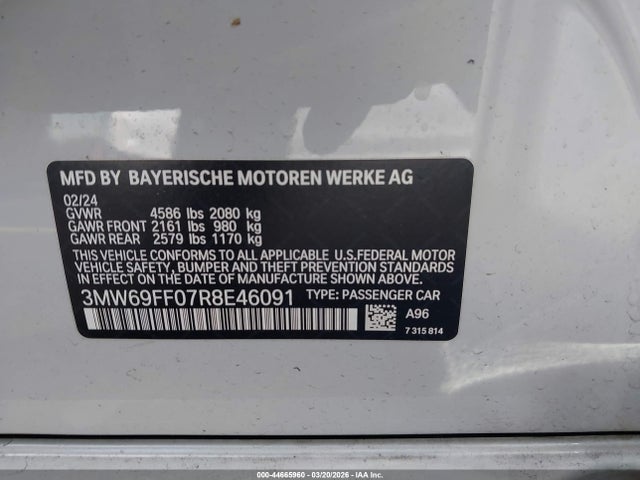 2024 Bmw 330i მანქანა იყიდება აუქციონზე, vin: 3MW69FF07R8E46091, აუქციონის ნომერი: 44665960
