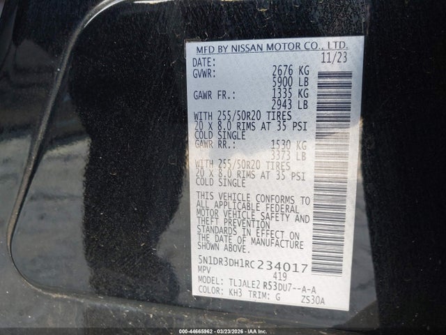 2024 Nissan Pathfinder Platinum Fwd მანქანა იყიდება აუქციონზე, vin: 5N1DR3DH1RC234017, აუქციონის ნომერი: 44665962