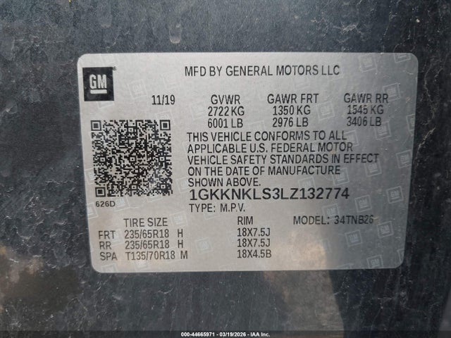 Aukcja sprzedaży 2020 Gmc Acadia Sle, vin: 1GKKNKLS3LZ132774, numer aukcji: 44665971