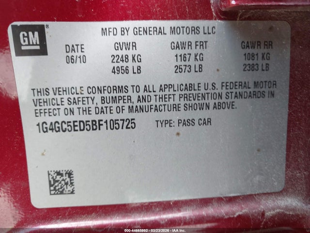 2011 Buick Lacrosse Cxl მანქანა იყიდება აუქციონზე, vin: 1G4GC5ED5BF105725, აუქციონის ნომერი: 44665992