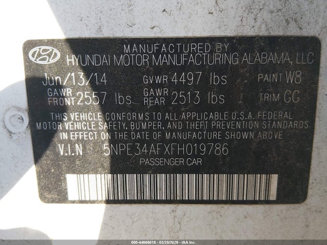 44666018 :رقم المزاد ، 5NPE34AFXFH019786 vin ، 2015 Hyundai Sonata Limited مزاد بيع