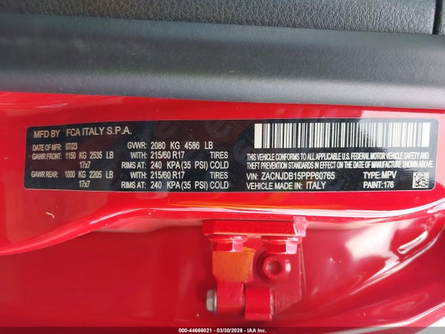 2023 Jeep Renegade Latitude 4x4 მანქანა იყიდება აუქციონზე, vin: ZACNJDB15PPP60765, აუქციონის ნომერი: 44666021