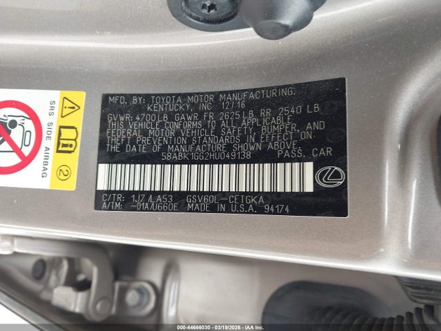 Aukcja sprzedaży 2017 Lexus Es 350, vin: 58ABK1GG2HU049138, numer aukcji: 44666030