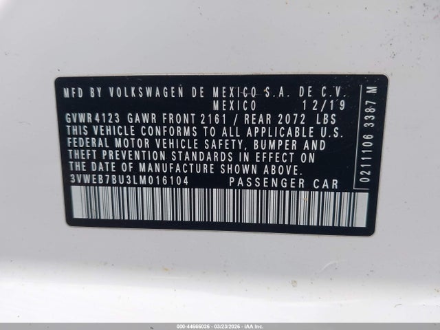 44666036 :رقم المزاد ، 3VWEB7BU3LM016104 vin ، 2020 Volkswagen Jetta 1.4t Sel مزاد بيع