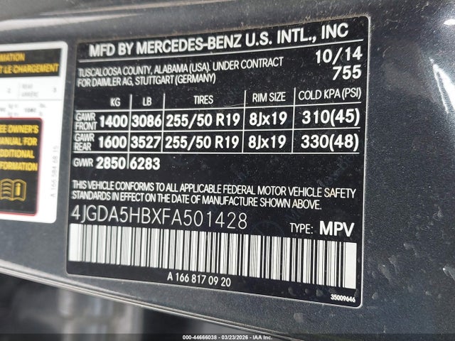 44666038 :رقم المزاد ، 4JGDA5HBXFA501428 vin ، 2015 Mercedes-benz Ml 350 4matic مزاد بيع